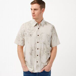 Havana Jacks Cafe Floral Striped Button-Up Shirt Short Sleeve Beige White Medium